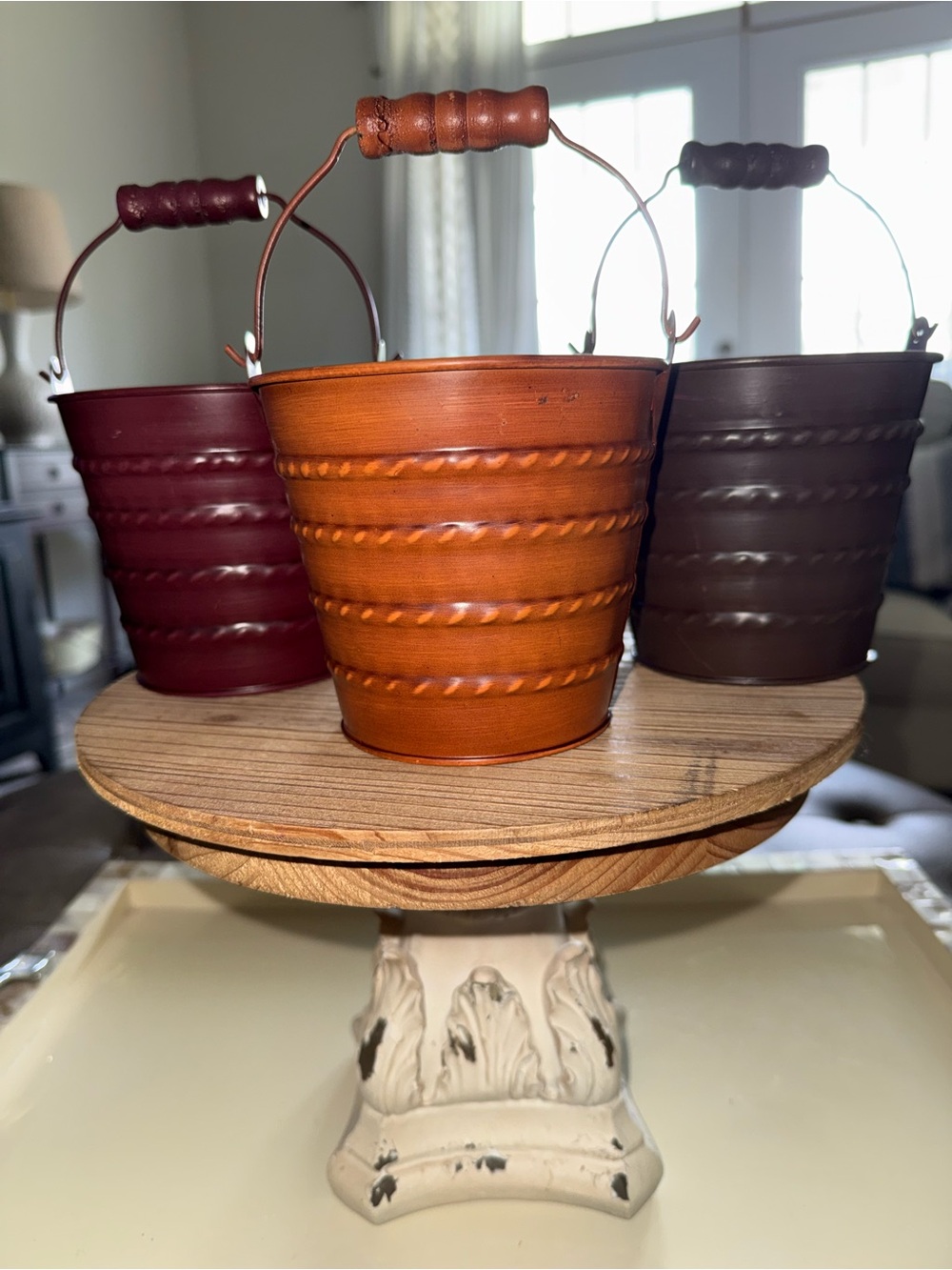 Set of 3 Decorative Metal Buckets- Burgundy, rust Orange, chestnut brown.